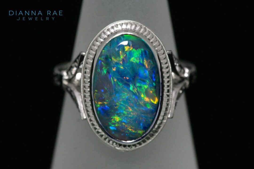 Platinum Oval Opal Ring with Hand Engraving - Image 2