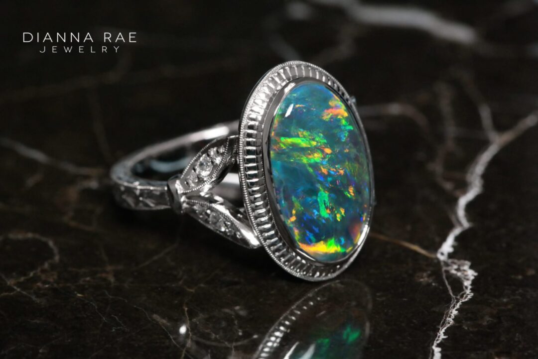 Platinum Oval Opal Ring with Hand Engraving