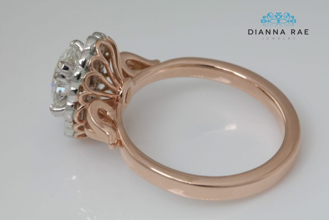 Magnolia - Two Tone Rose/White Gold Oval Scalloped Halo Engagement Ring - Image 6