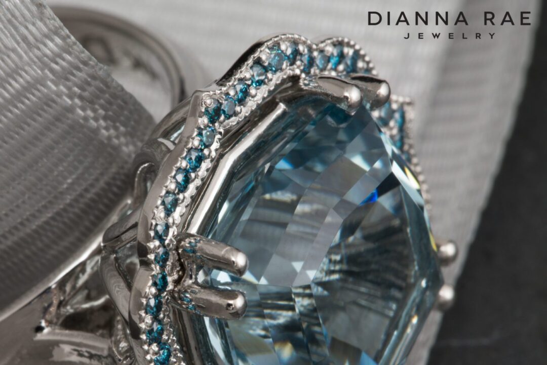 White Gold Aquamarine and Blue Diamond Rae Halo RIng