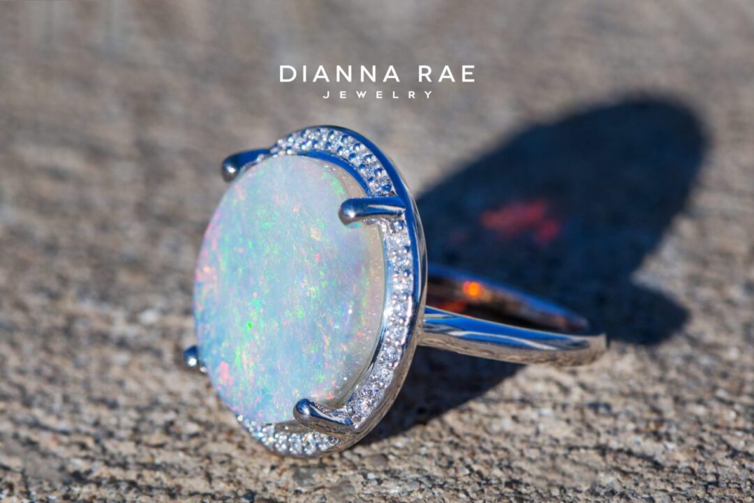 White Gold Round Australian Opal Diamond Halo Ring - Image 2