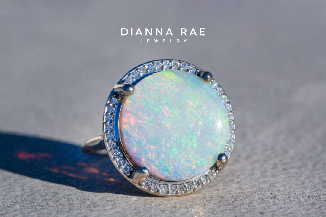 White Gold Round Australian Opal Diamond Halo Ring