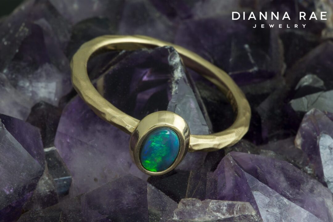 Yellow Gold Hammered Bezel-set Black Opal