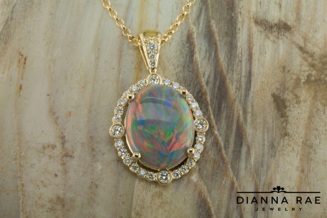 Yellow Gold Opal and Diamond Halo Pendant
