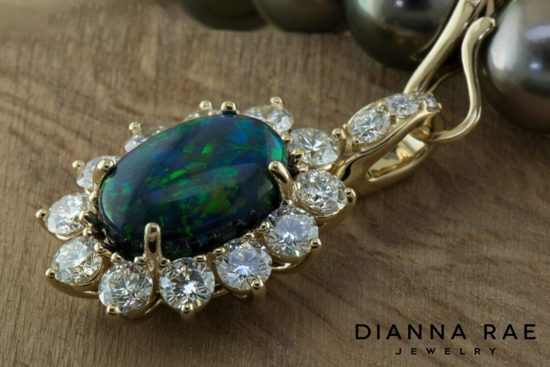 Rare Black Opal and Diamond Cluster Pendant