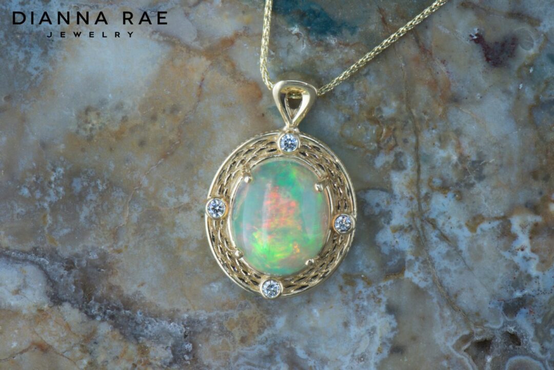 Yellow Gold Pendant with Ethiopian Opal and Diamond Accents