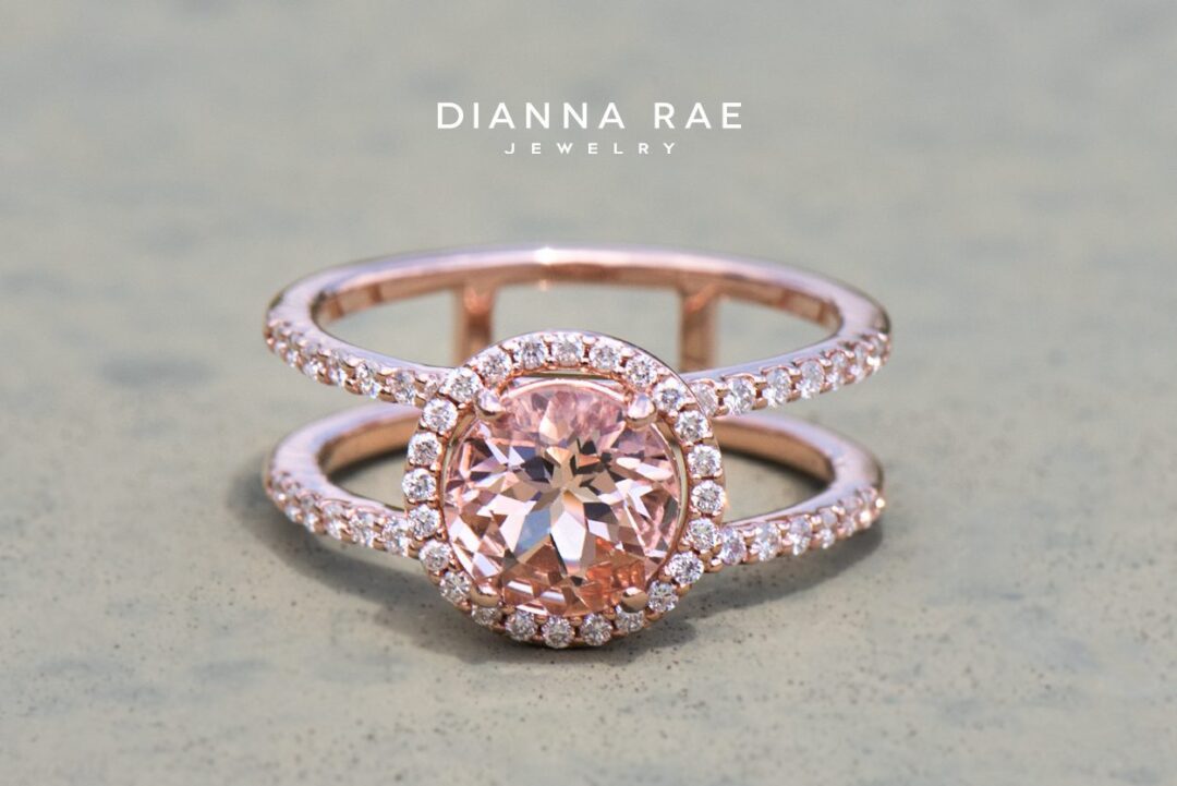 Rose Gold Round Morganite Halo Ring with Diamond Accented Double Shank - Image 2