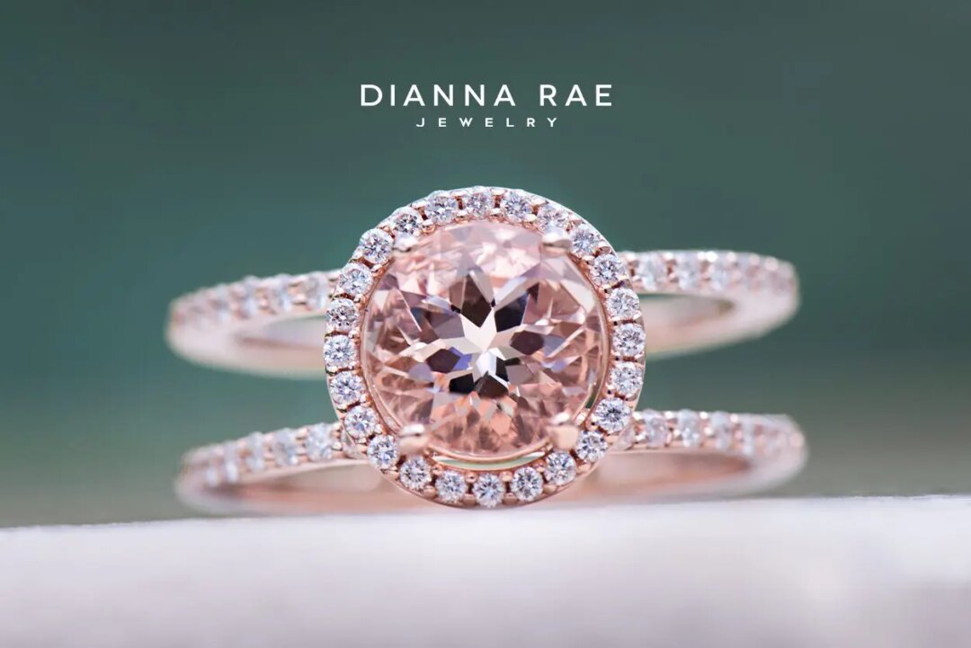 Rose Gold Round Morganite Halo Ring with Diamond Accented Double Shank