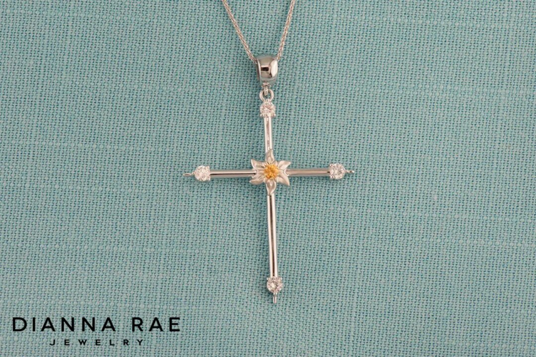 Cross Pendant with Diamond tips and Edelweiss Accent