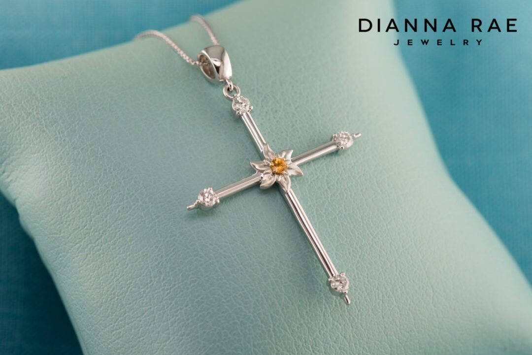 Cross Pendant with Diamond tips and Edelweiss Accent - Image 2