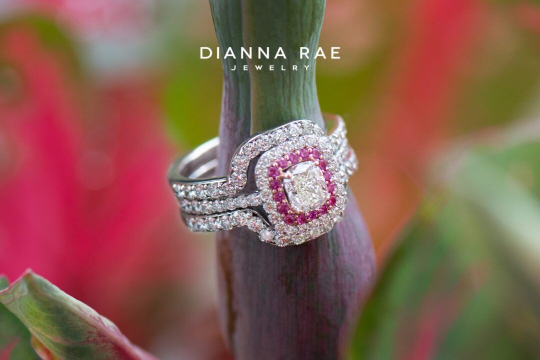 White Gold Cushion Diamond Halo Engagement Ring with Pink Sapphire Accents Wedding Set - Image 3