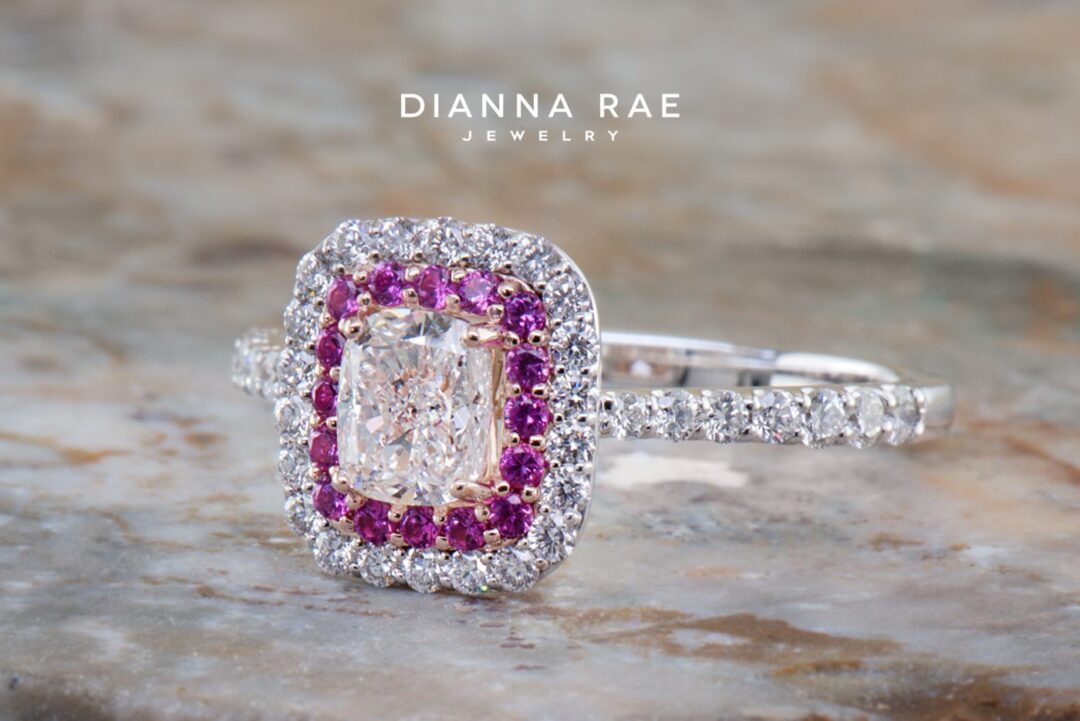 White Gold Cushion Diamond Halo Engagement Ring with Pink Sapphire Accents Wedding Set