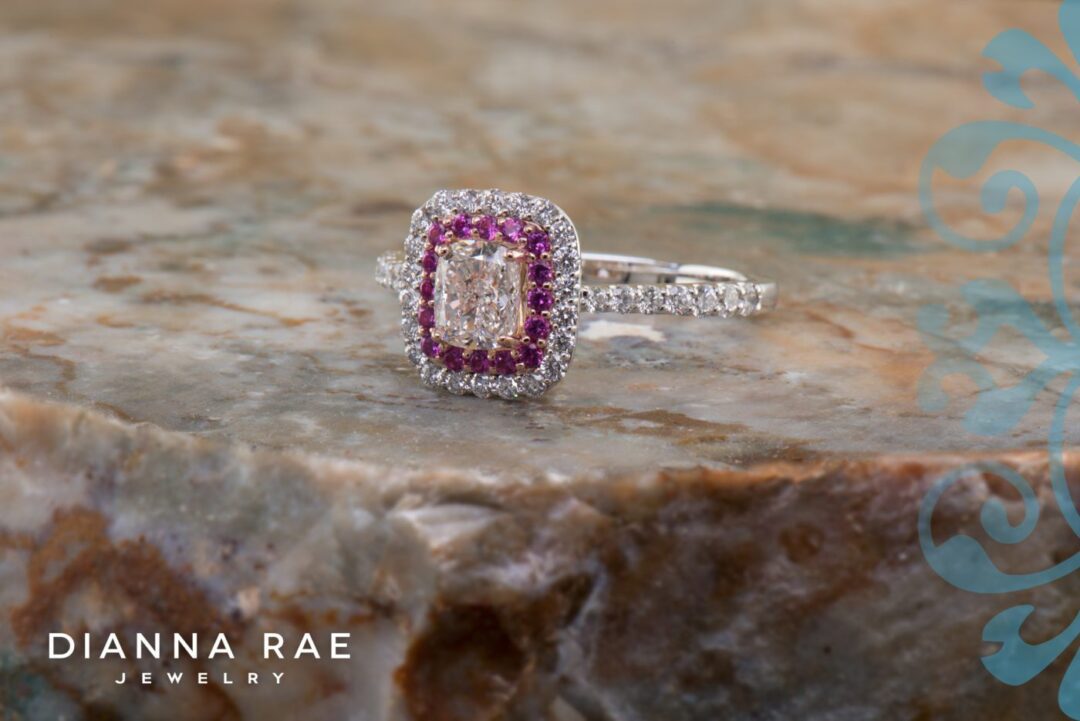 White Gold Cushion Diamond Halo Engagement Ring with Pink Sapphire Accents Wedding Set - Image 2