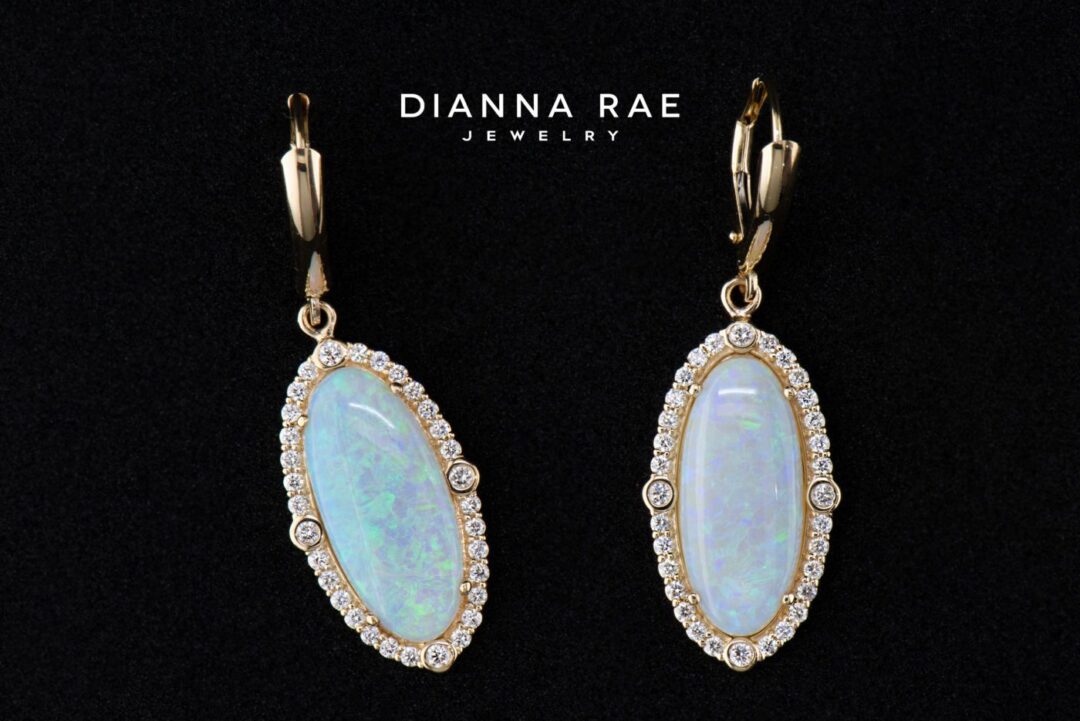 Yellow Gold Oval Australian Opal Diamond Halo Dangle Earrings