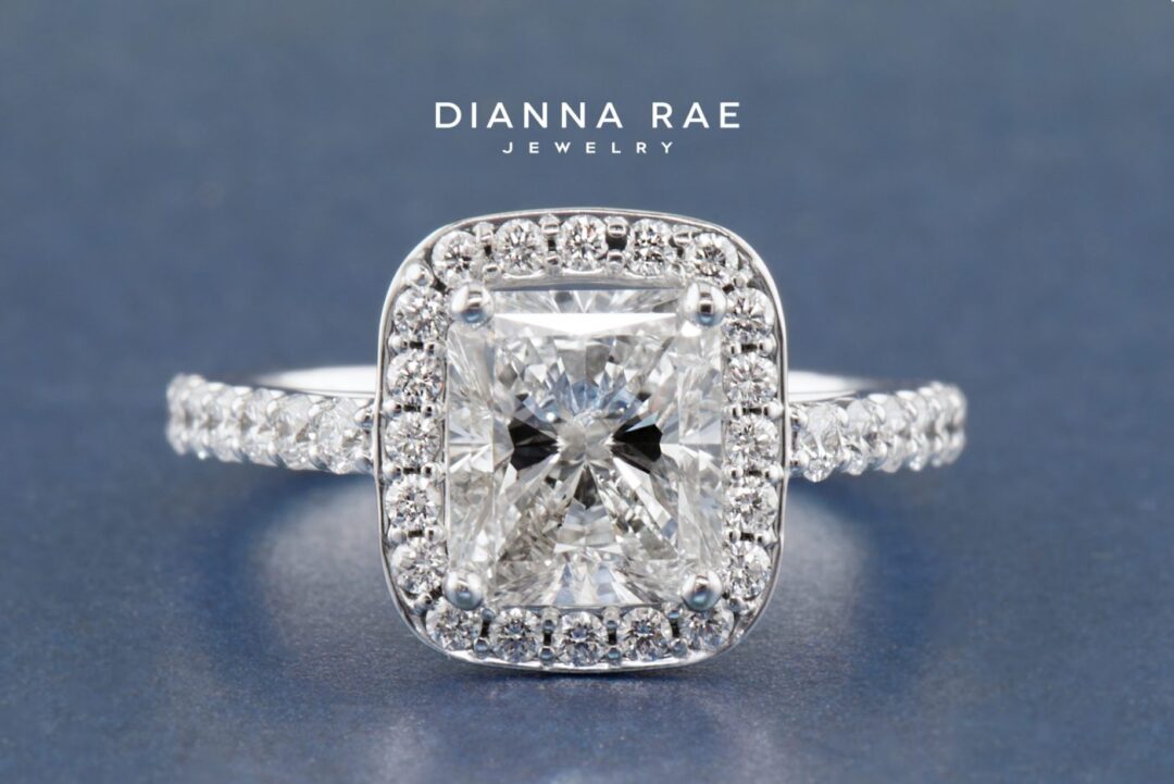 White Gold Radiant Diamond Halo Engagement Ring with Diamond Band