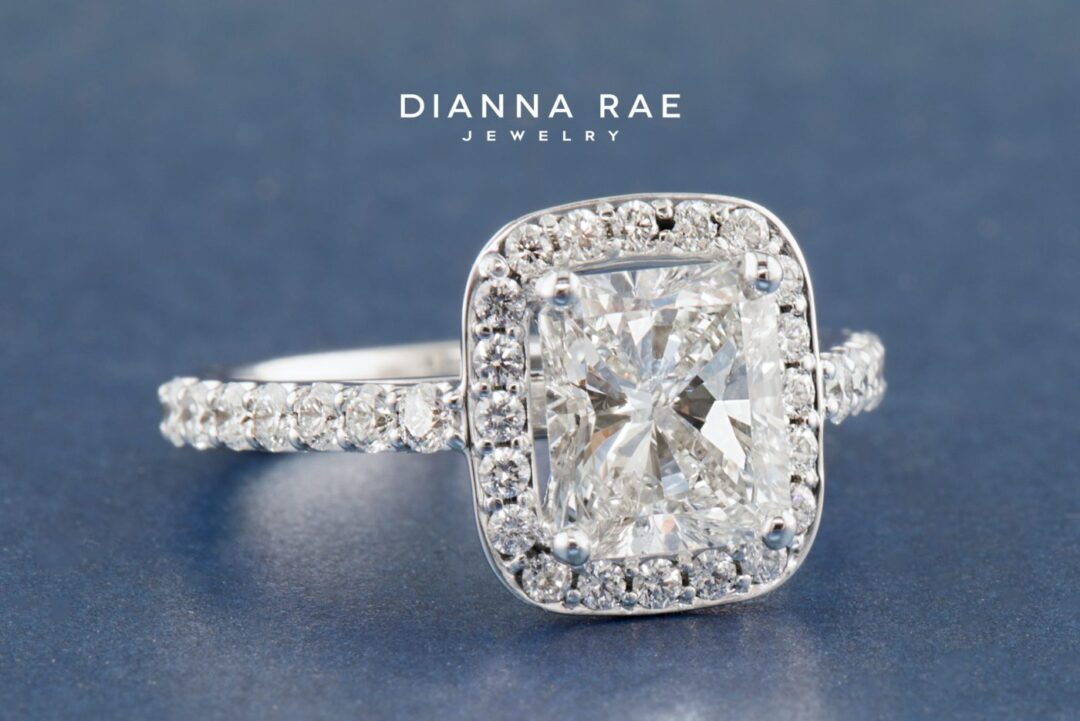 White Gold Radiant Diamond Halo Engagement Ring with Diamond Band - Image 2