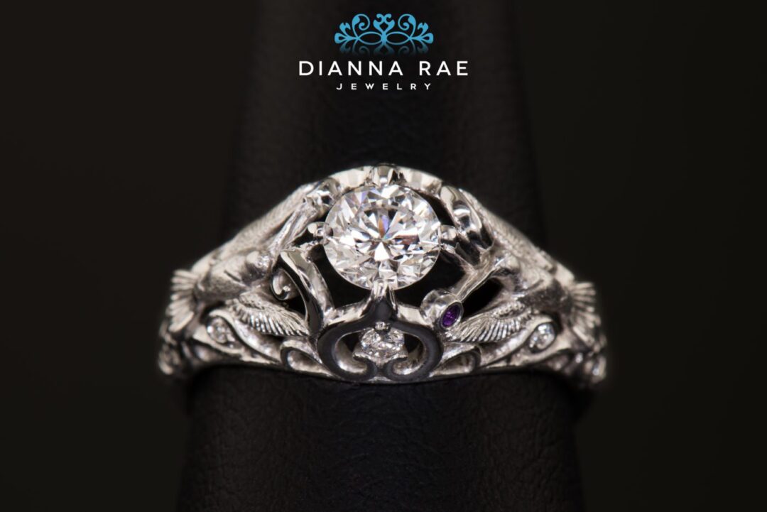 White Gold Diamond Hummingbird Ring with Purple Sapphire Accents - Image 2