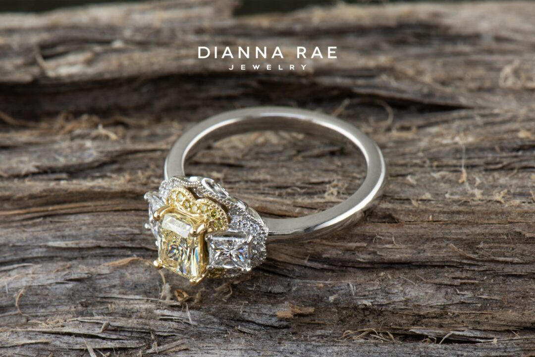 Two-Tone Platinum/Yellow Gold Yellow and White Diamond Three Stone Ring with Milgrain Accents