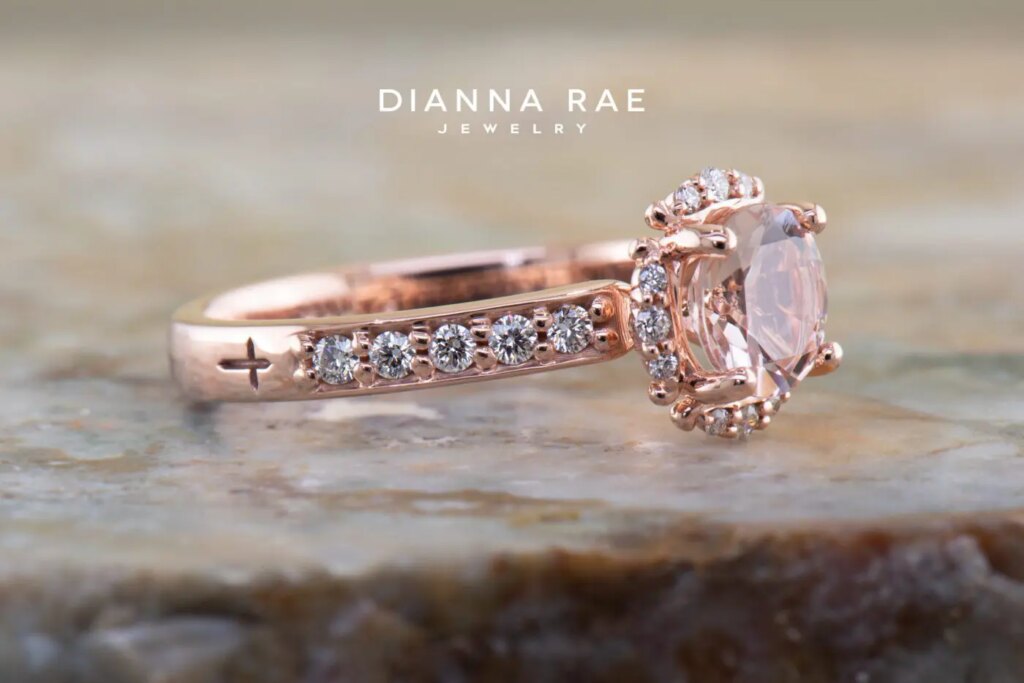 Rose Gold Morganite and Diamond Halo Ring with Diamond Band