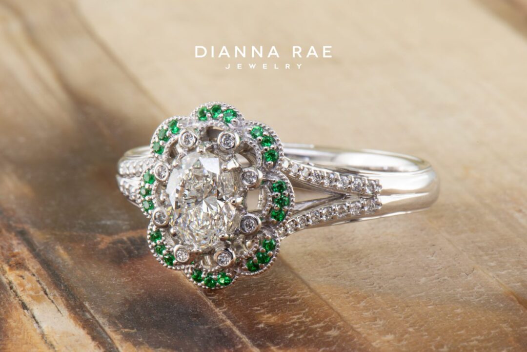 Ambrosia Scalloped Oval Diamond Ring with Tsavorite Garnets