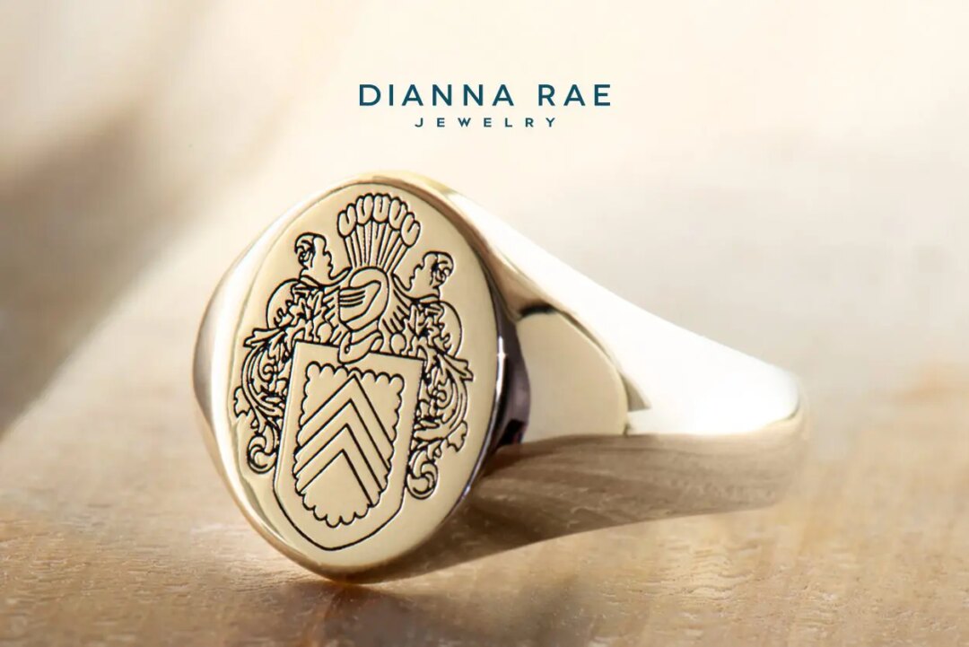 Yellow Gold Oval Signet Ring with Custom Family Crest Engraving