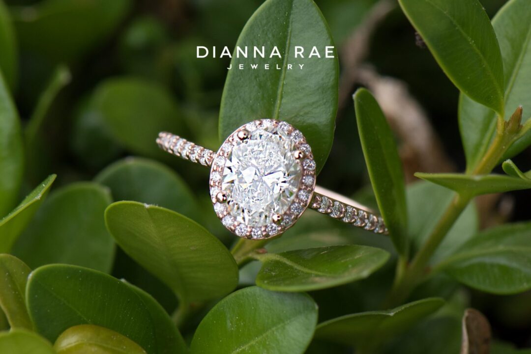 Rose Gold Oval Diamond Halo Engagement Ring with Diamond Band