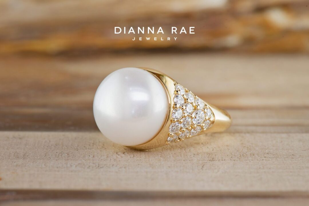 Yellow Gold Pearl Ring with Diamond Pave Accents