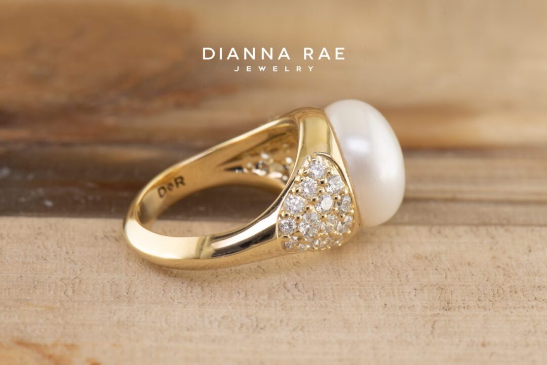 Yellow Gold Pearl Ring with Diamond Pave Accents - Image 2