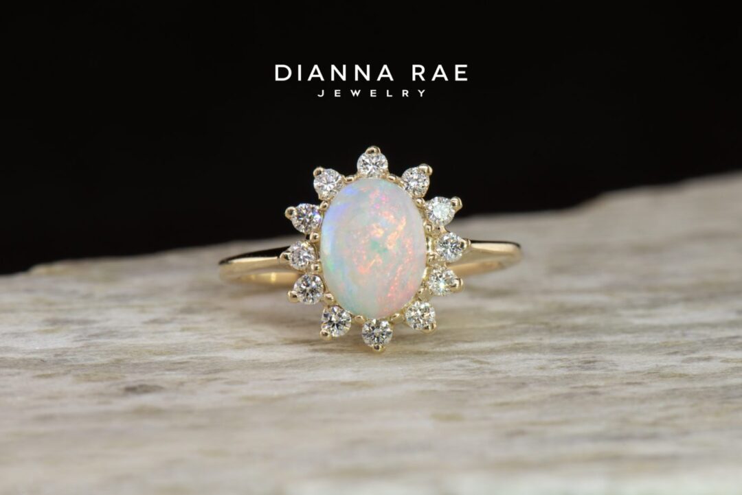 Yellow Gold Oval Opal and Diamond Cluster Ring
