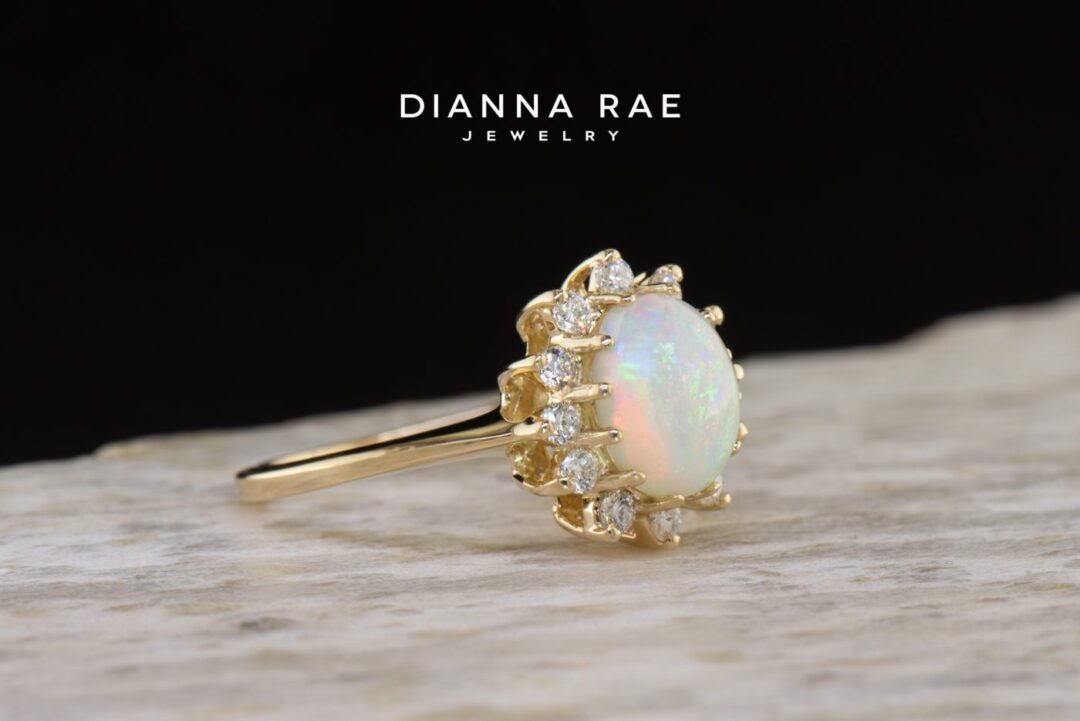 Yellow Gold Oval Opal and Diamond Cluster Ring - Image 2