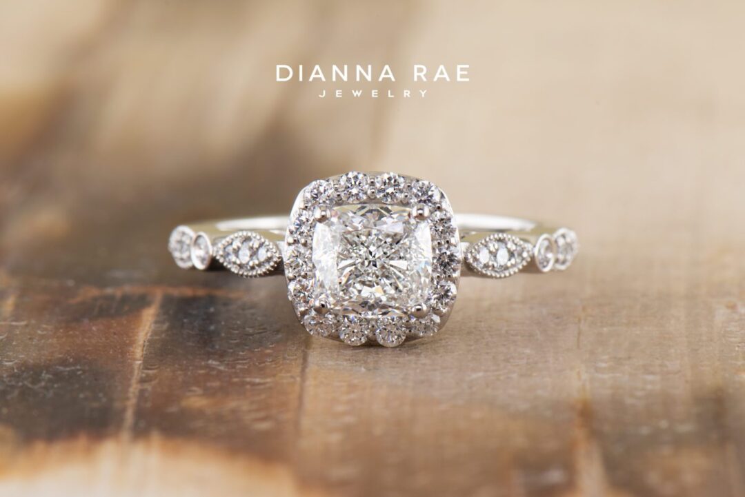 Platinum Halo Cushion Cut Diamond Engagement Ring with Pipen Band