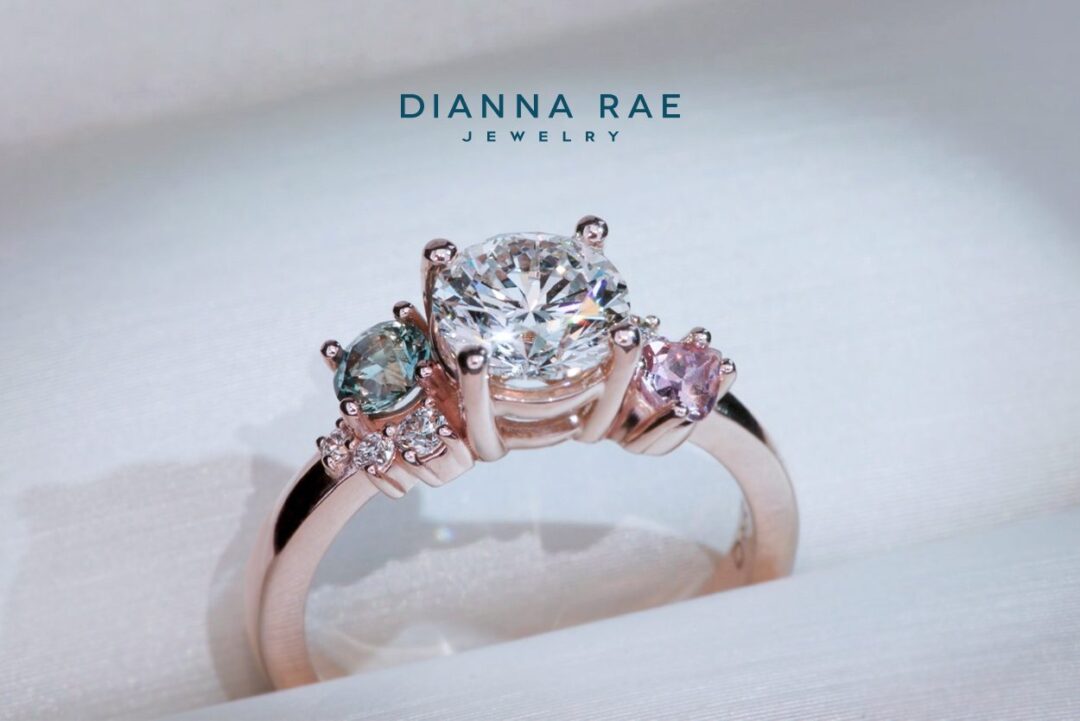 Lotus - Rose Gold Round Diamond Asymmetrical Engagement Ring with Montana Sapphire and Lotus Garnet Accents - Image 2