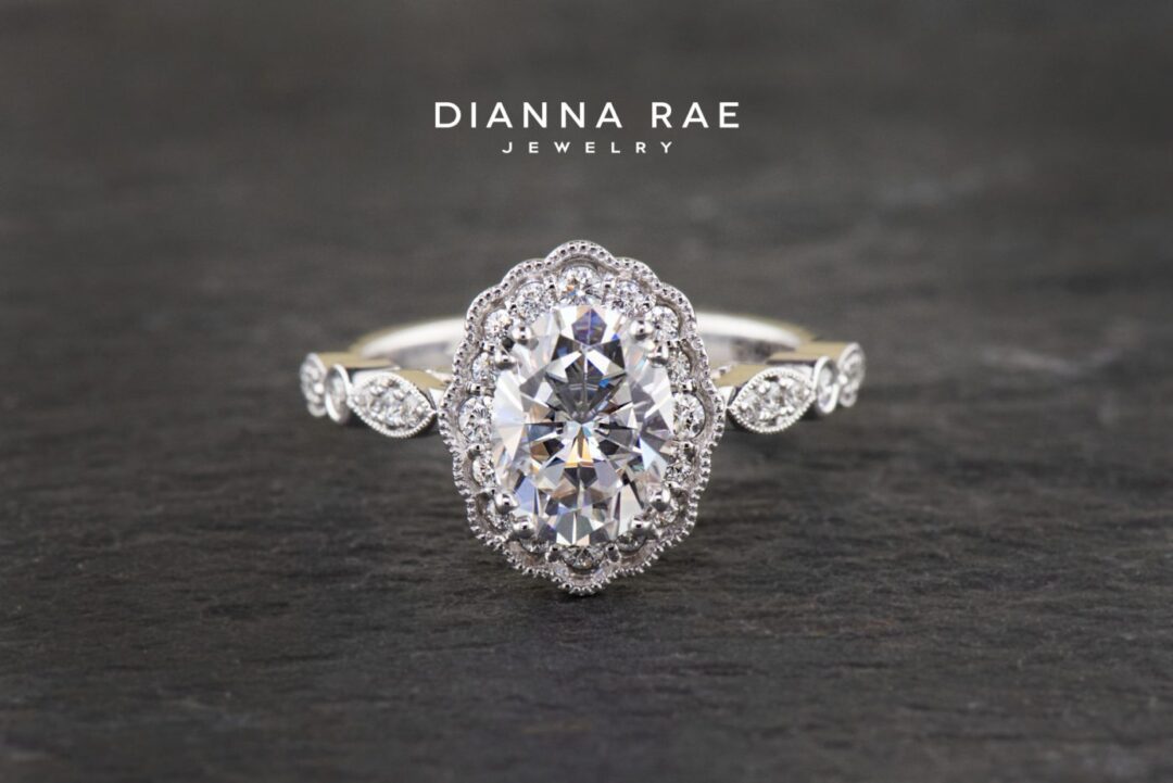 Magnolia Petal - White Gold Oval Vintage Inspired Halo Engagement Ring