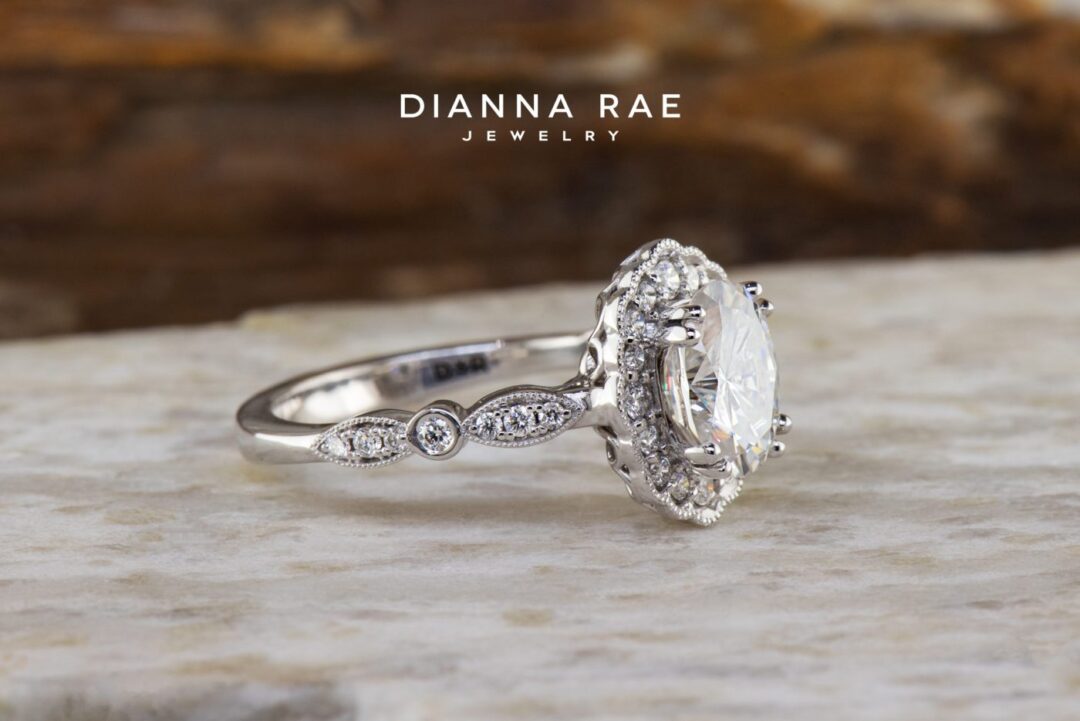 Magnolia Petal - White Gold Oval Vintage Inspired Halo Engagement Ring - Image 5