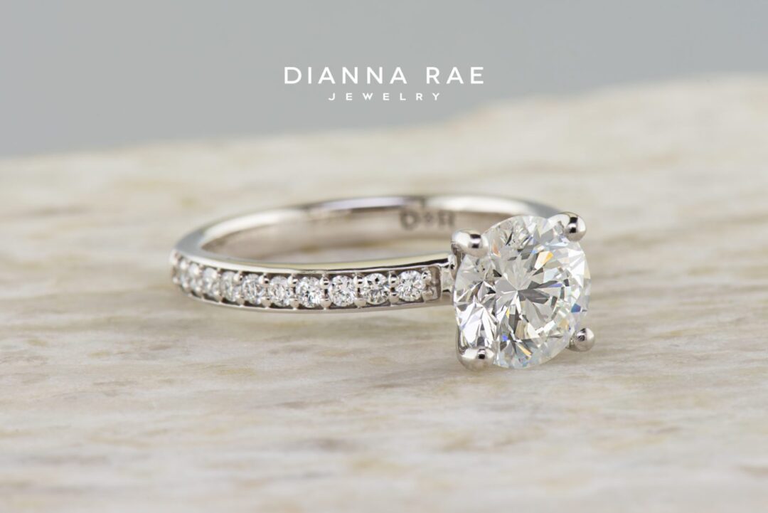 Platinum Round Diamond Solitaire Engagement Ring with Diamond Band - Image 2