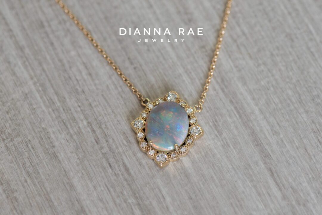 Yellow Gold Oval Opal Vintage Inspired Necklace with Diamond Halo - Image 2