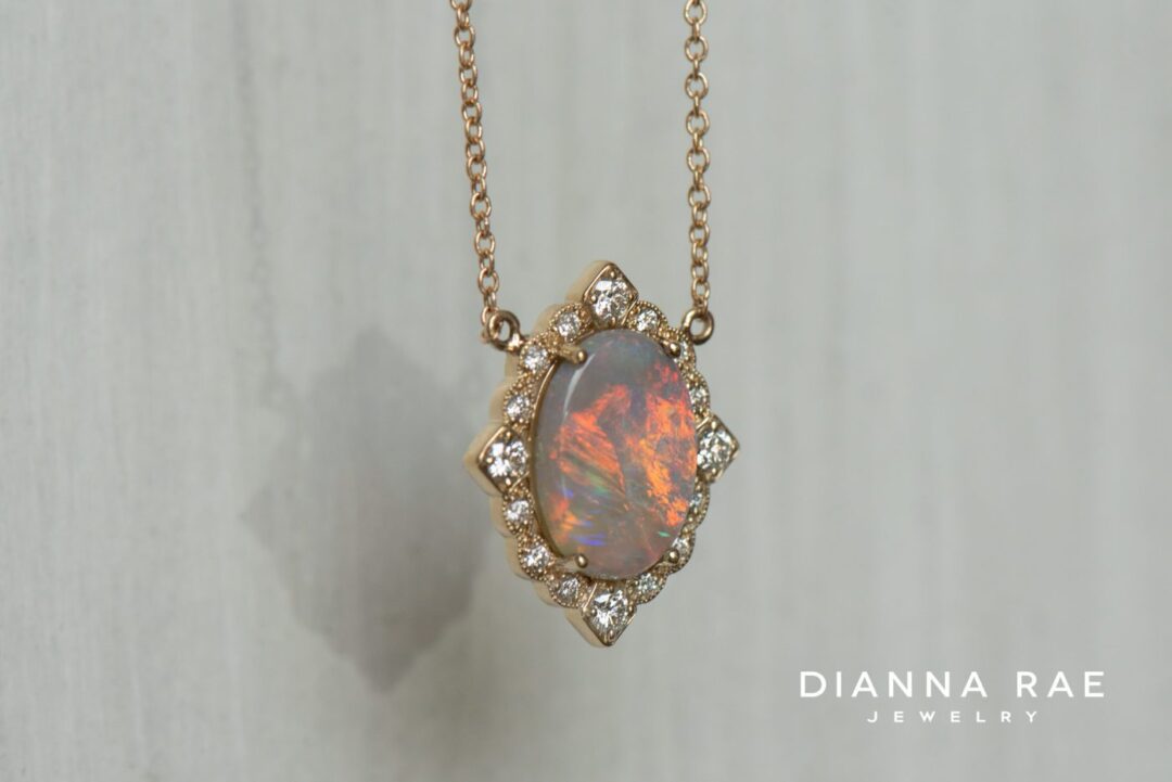 Yellow Gold Oval Opal Vintage Inspired Necklace with Diamond Halo - Image 3