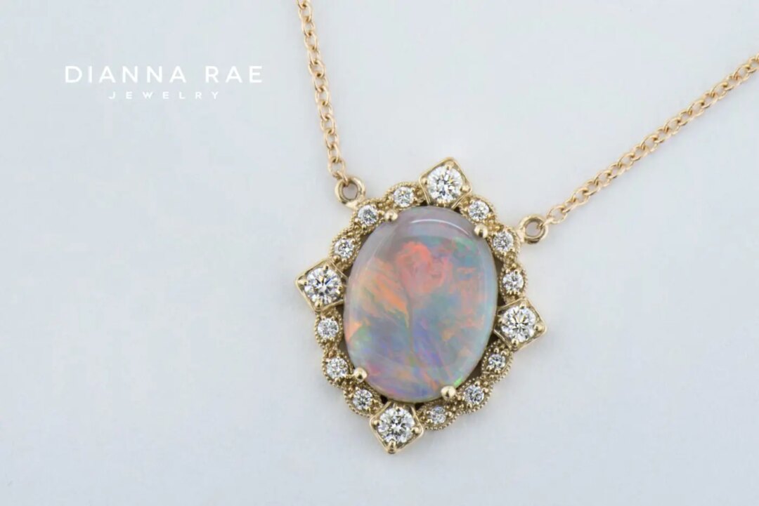 Yellow Gold Oval Opal Vintage Inspired Necklace with Diamond Halo