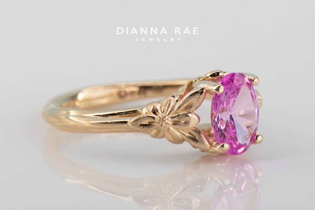 Yellow Gold Oval Imitation Pink Tourmaline Ring with Floral Accents - Image 2