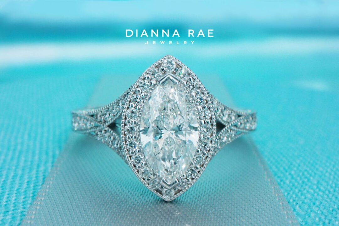 White Gold Marquise Diamond Halo Engagement Ring with Vintage Diamond Accents
