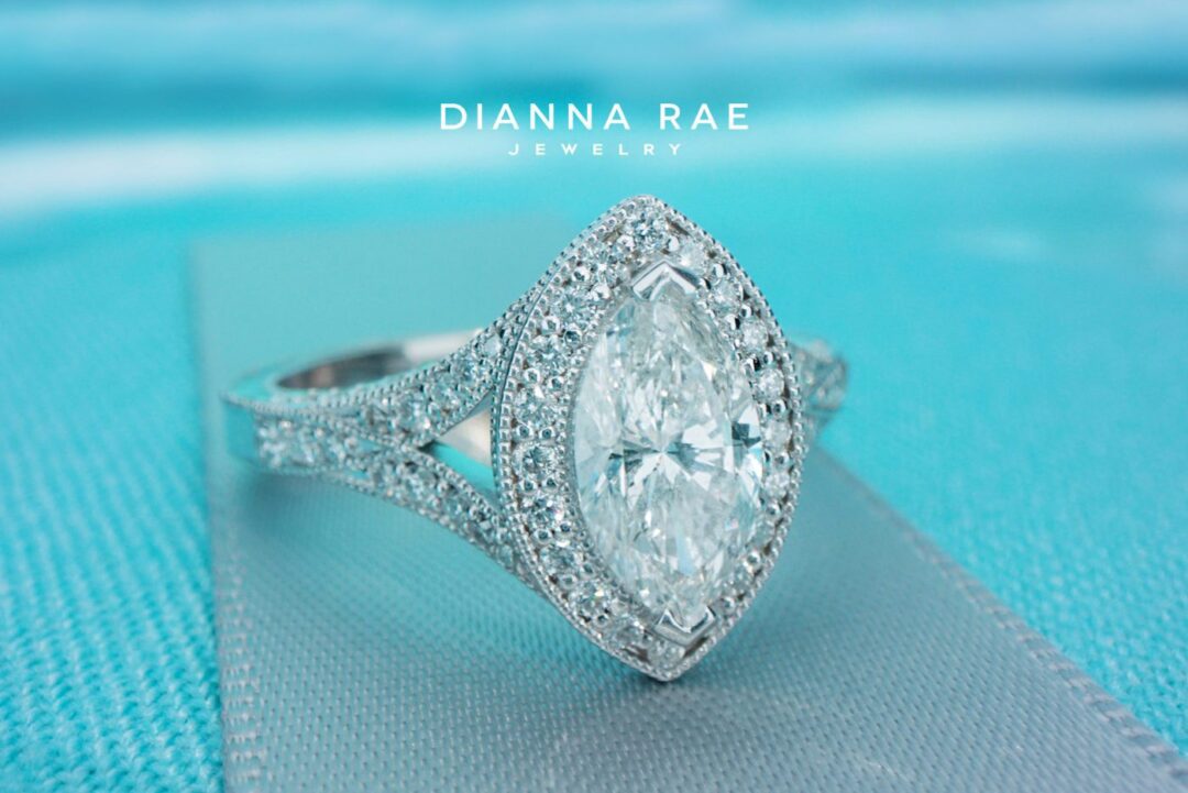 White Gold Marquise Diamond Halo Engagement Ring with Vintage Diamond Accents - Image 2