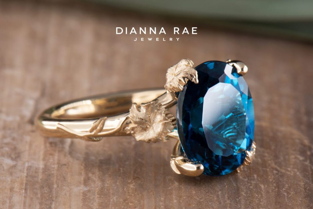 Yellow Gold Oval London Blue Topaz Floral-Inspired Ring