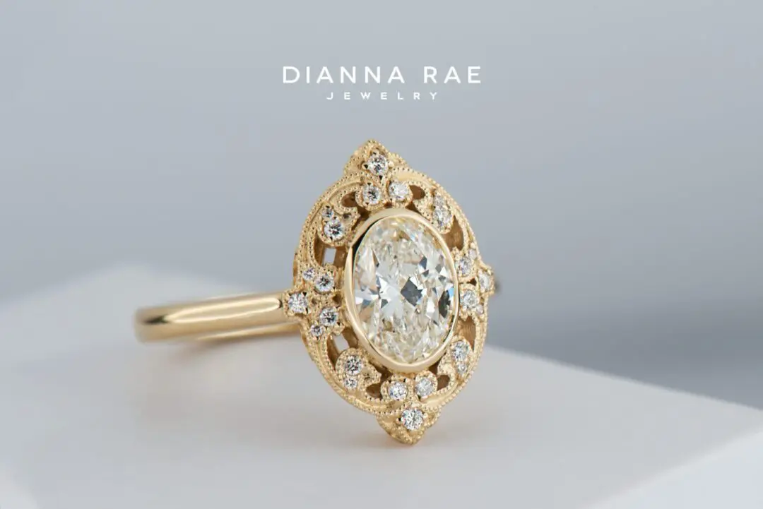 Victoria - Yellow Gold Oval Vintage-Inspired Filigree Halo Engagement Ring - Image 2