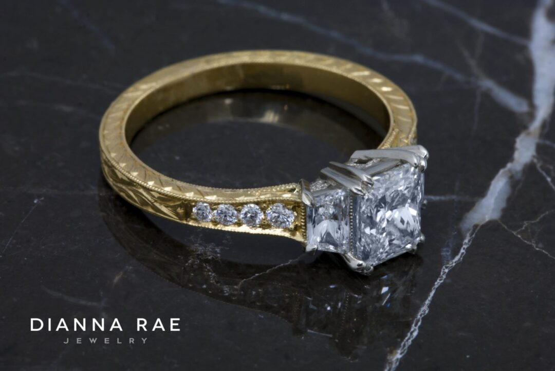 Two-Tone 3 Stone Hand-Engraved Diamond Engagement Ring - Image 3