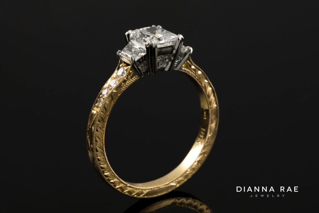 Two-Tone 3 Stone Hand-Engraved Diamond Engagement Ring - Image 2