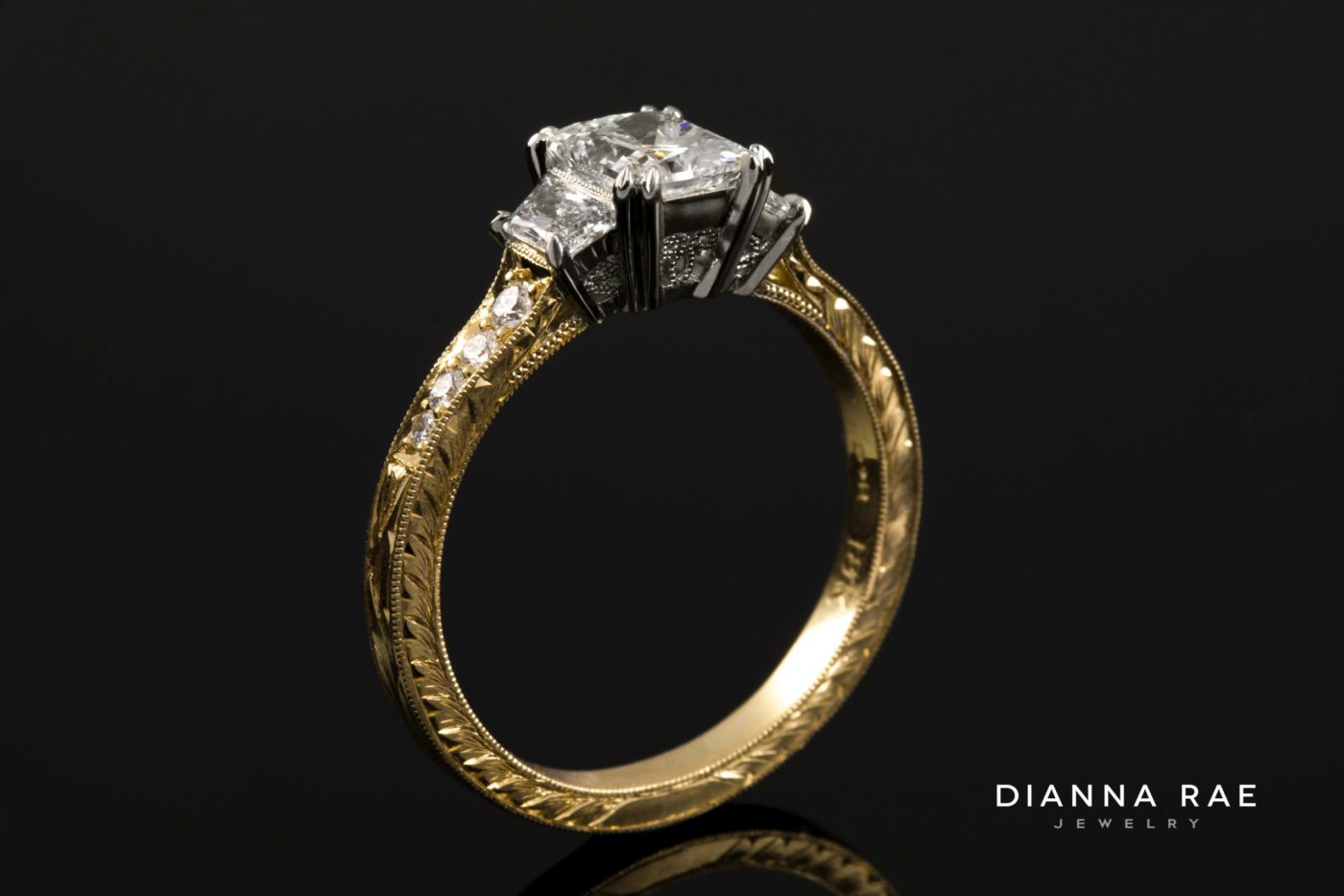 Two-Tone 3 Stone Hand-Engraved Diamond Engagement Ring - Image 2
