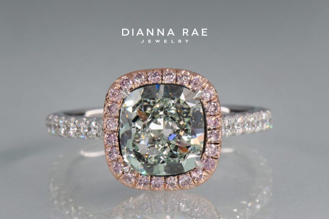 Couture Two-Tone Natural Green Diamond Ring with Natural Pink Diamond Halo