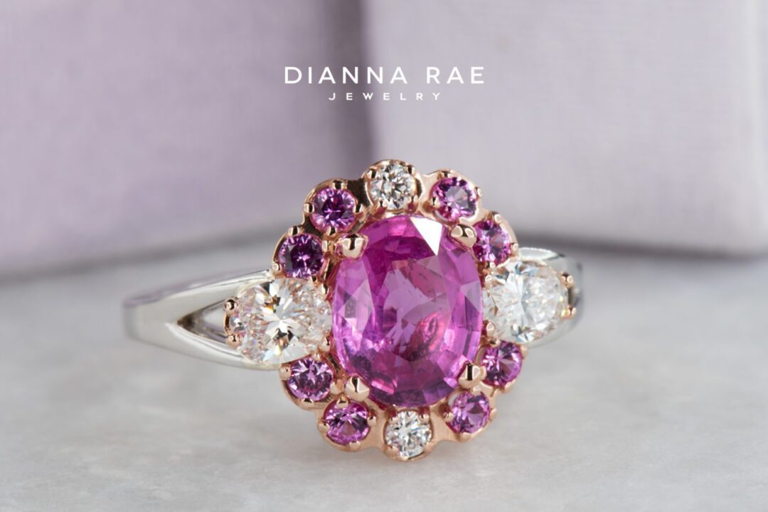 Two Tone Oval Pink Sapphire Halo Cocktail Ring with Diamond and Pink Sapphire Accents - Image 2