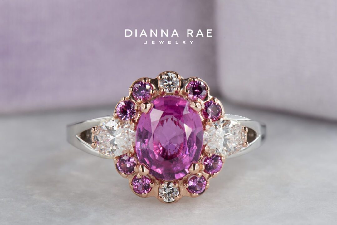 Two Tone Oval Pink Sapphire Halo Cocktail Ring with Diamond and Pink Sapphire Accents