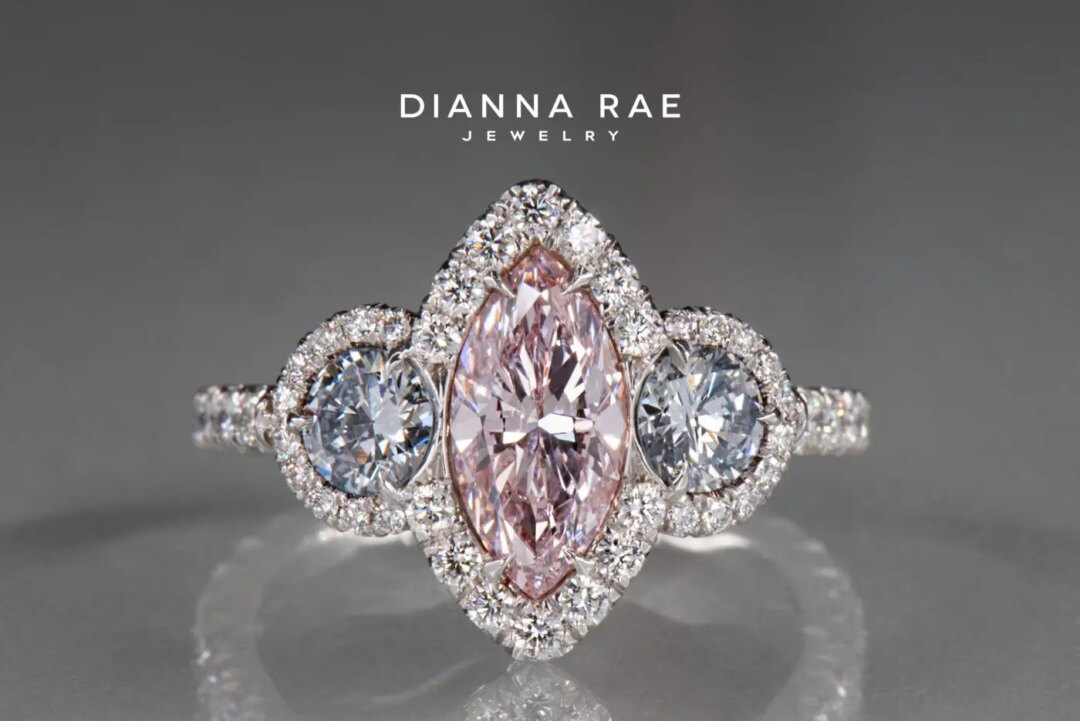 Couture Platinum Marquise Natural Pink Diamond Ring with Round Natural Blue Diamond Accents